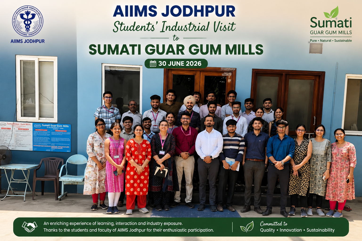 It was a pleasure to host the students of All India Institute of Medical Sciences, Jodhpur at Sumati Guar Gum Mills on 30 June 2026 for an industrial visit. The session offered valuable insights into guar gum manufacturing, quality assurance, food safety, and sustainable production. We thank the students and faculty for their enthusiastic participation.
